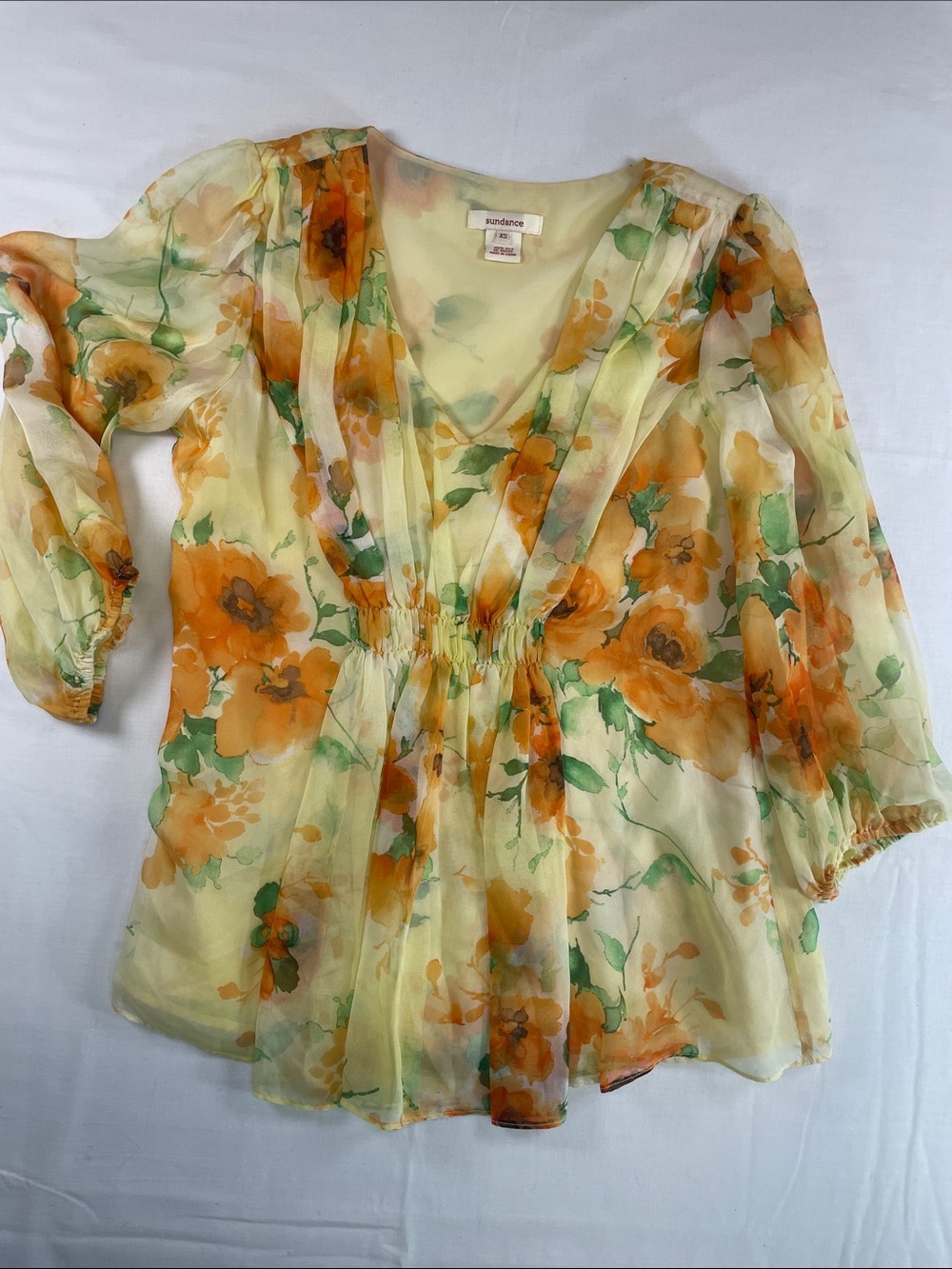 Sundance Silk Yellow Sheer Floral V-Neck Blouse with Orange Blooms